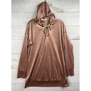 Illa Illa Knit Pullover Sweater Hoodie Womens L Pink Velvet Tunic Lace Up Top